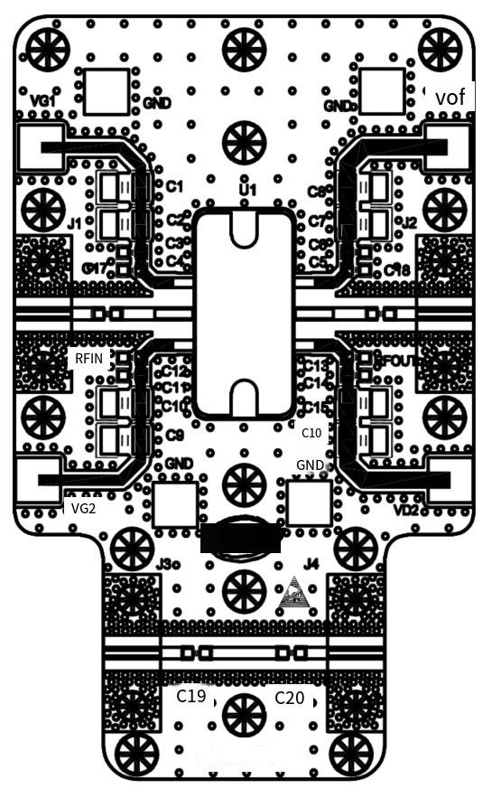 Топология печатной демонстрационной платы усилителя FTPAN027035BR-45 с посадочным местом под фланец корпуса микросхемы